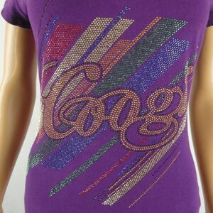 COOGI Purple Rainbow Rhinestone Graphic V Neck Short Sleeve T Shirt Tee Medium